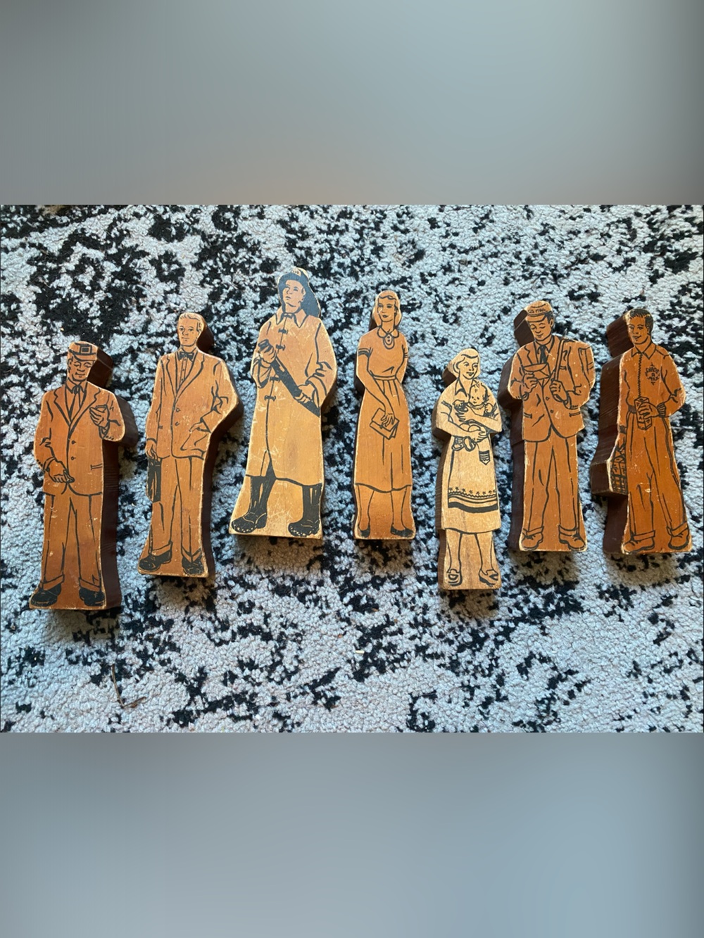 Vintage Wooden Figure Set - Brown Character Building Blocks